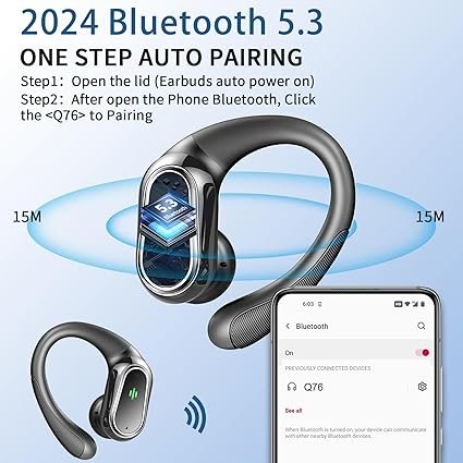 Wireless Earbuds, 2024 Bluetooth 5.3 Headphones Sport, Bluetooth Earbuds with ENC Noise Canceling Mic, 50H Stereo Wireless Headphones IP7 Waterproof with Earhooks, Dual LED Display for Running/Workout