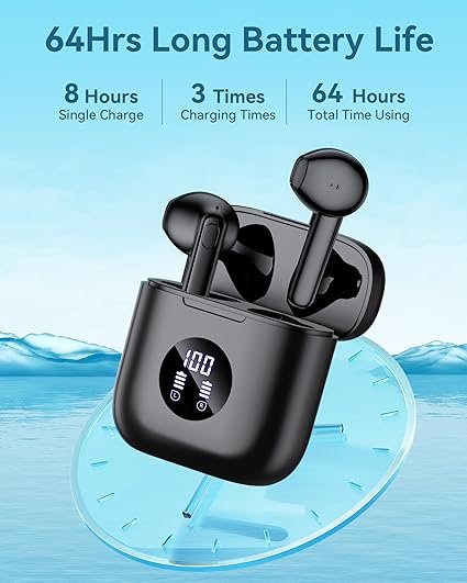 occiam Wireless Earbuds Bluetooth 5.3 Headphones 64H Playback Stereo Ear Buds with Wireless Charging Case in-ear Earphones for Android Phone Laptop,Black