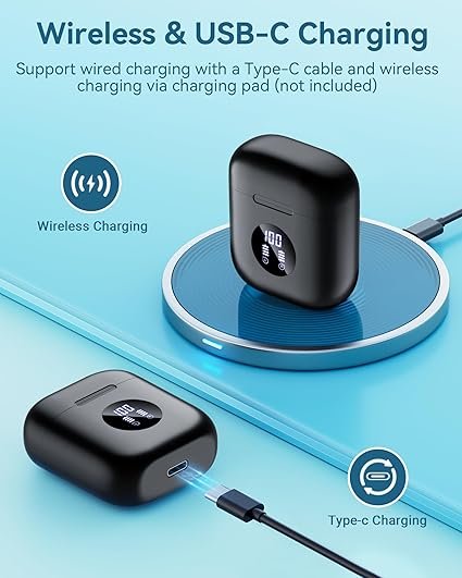 occiam Wireless Earbuds Bluetooth 5.3 Headphones 64H Playback Stereo Ear Buds with Wireless Charging Case in-ear Earphones for Android Phone Laptop,Black