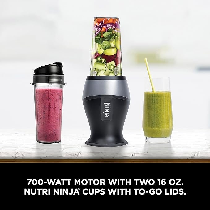 Ninja Personal Blender for Shakes, Smoothies, Food Prep, and Frozen Blending with 700-Watt Base and (2) 16-Ounce Cups with Spout Lids (QB3001SS), Black